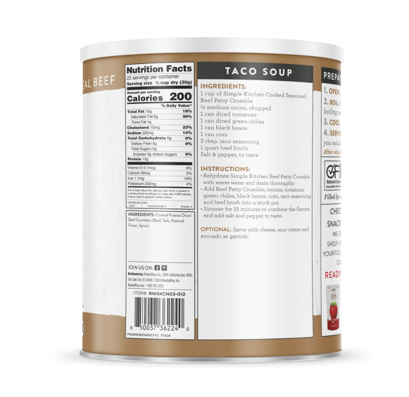 Freeze-Dried Seasoned Beef Patty Crumbles - #10 Can – 22 Servings